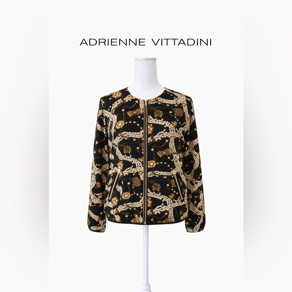 Adrienne Vittadini Chain Print Zip Blouson Jacket Blouse Size Small Gold
